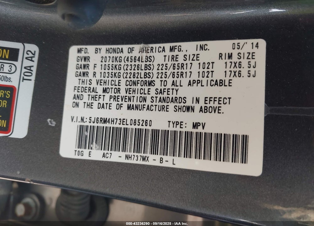 2014 HONDA CR-V VIN: 5J6RM4H73EL085260