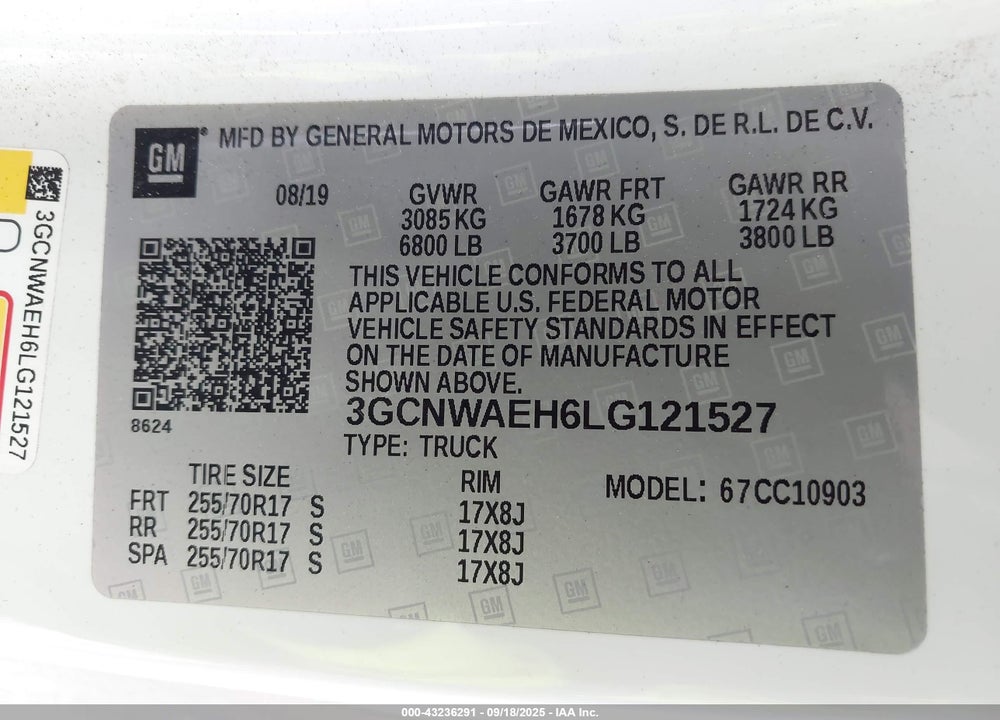 2020 CHEVROLET SILVERADO 1500 VIN: 3GCNWAEH6LG121527