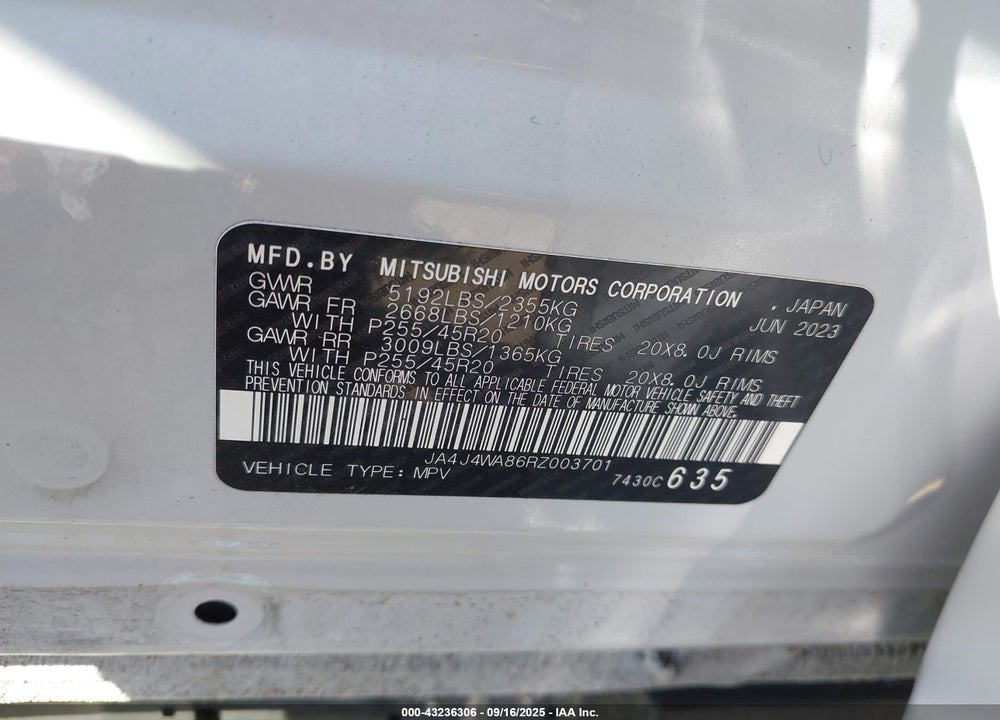 2024 MITSUBISHI OUTLANDER VIN: JA4J4WA86RZ003701