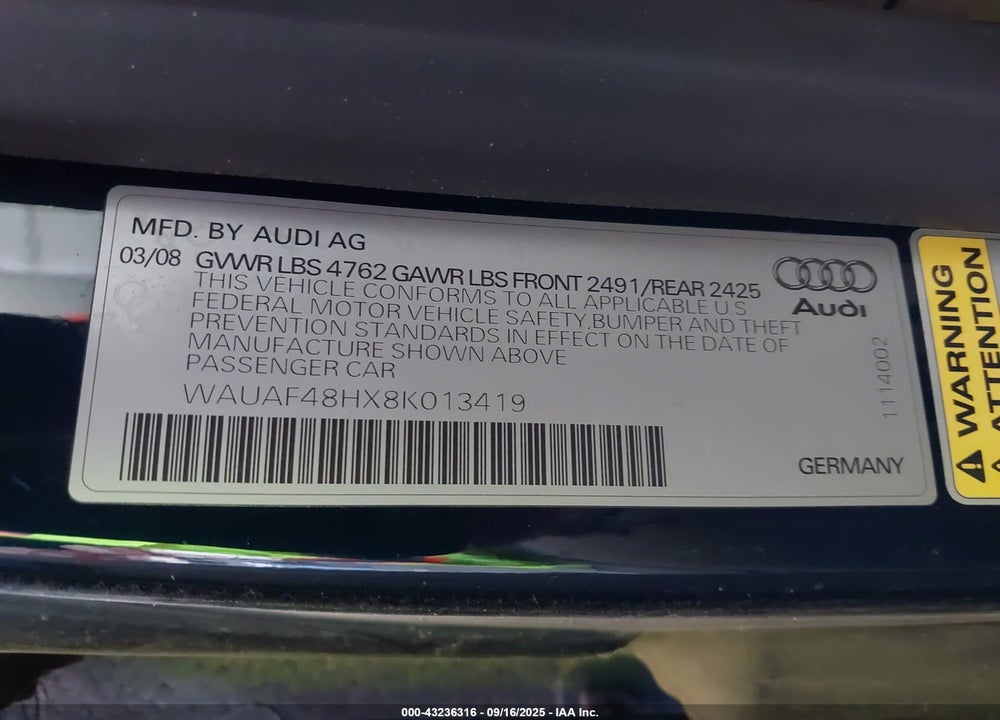 2008 AUDI A4 VIN: WAUAF48HX8K013419