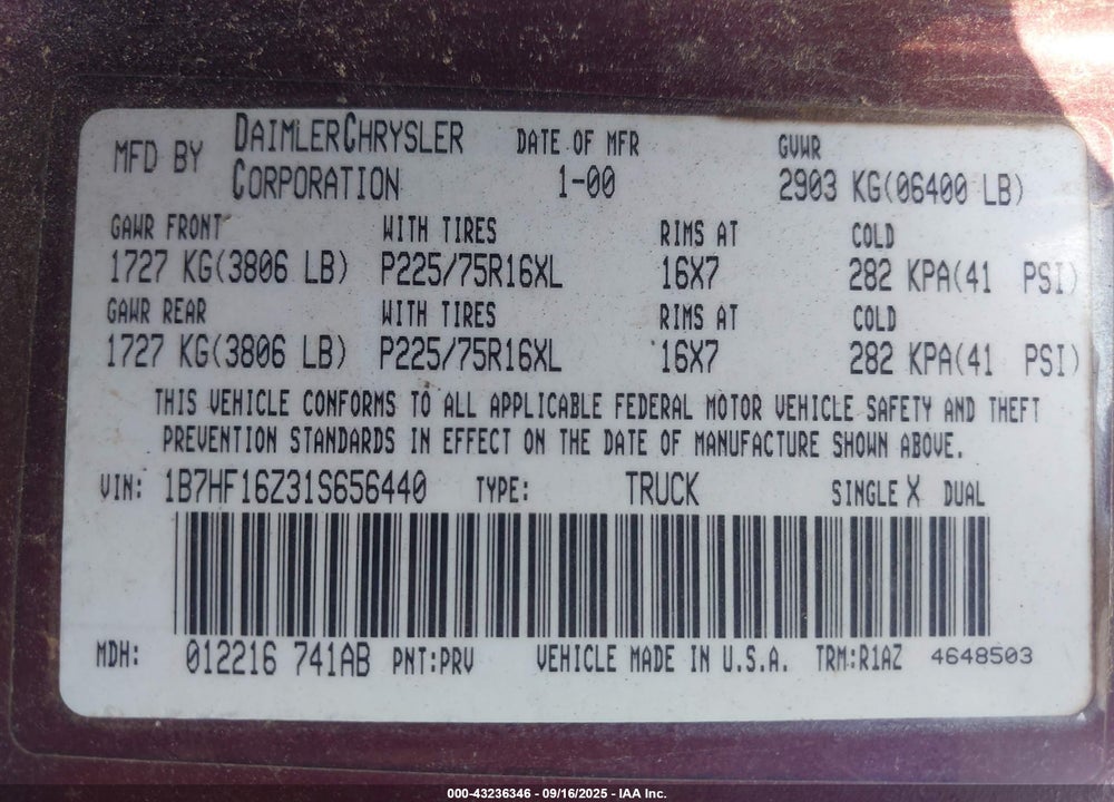 2001 DODGE RAM 1500 ST VIN: 1B7HF16Z31S656440