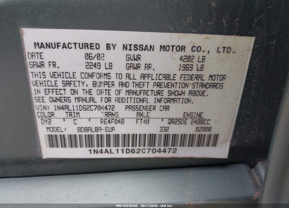 2002 NISSAN ALTIMA 2.5 S VIN: 1N4AL11D62C704472