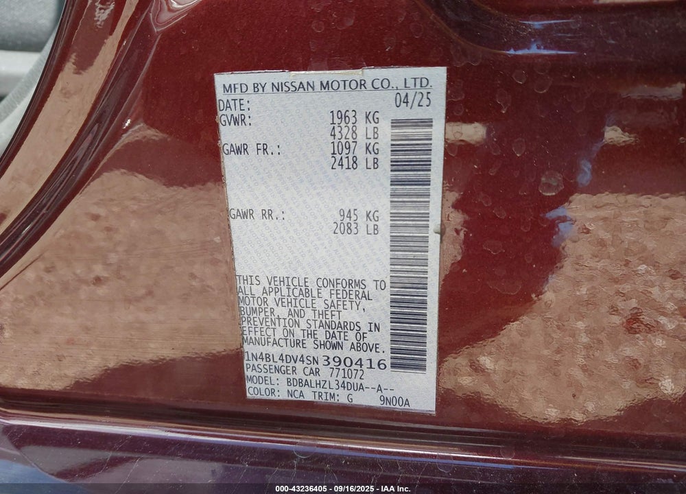 2025 NISSAN ALTIMA SV FWD VIN: 1N4BL4DV4SN390416