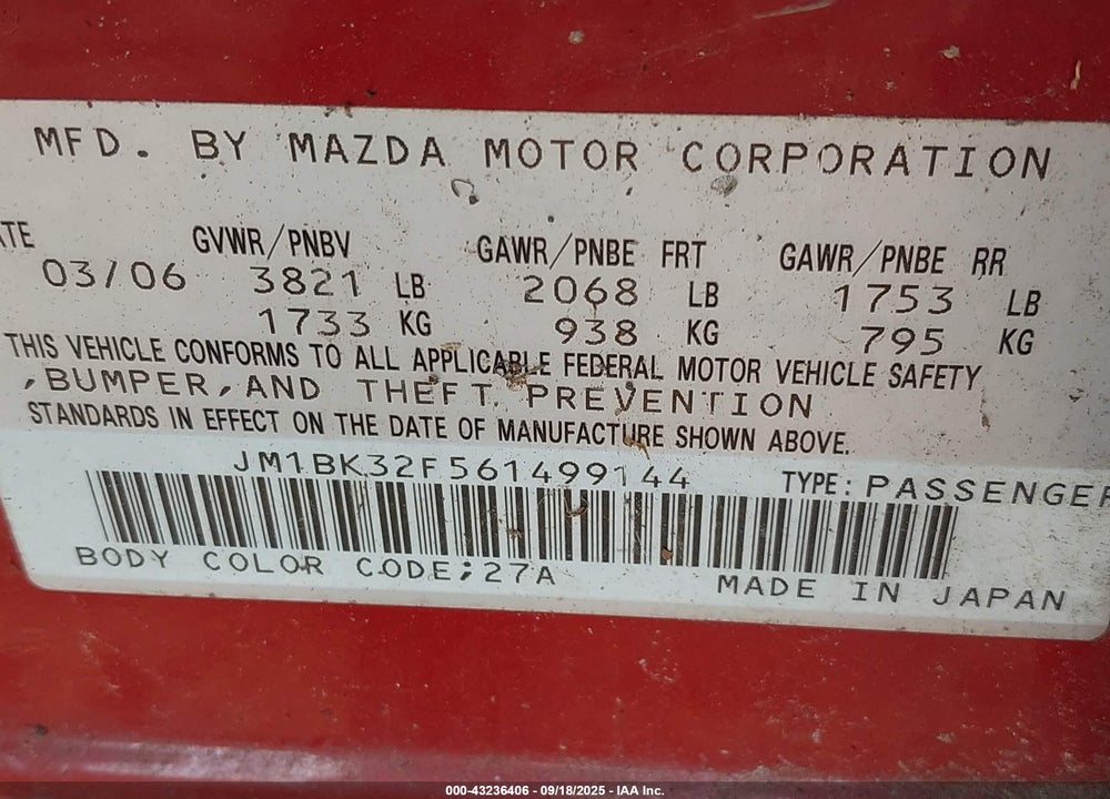 2006 MAZDA 3 I VIN: JM1BK32F561499144