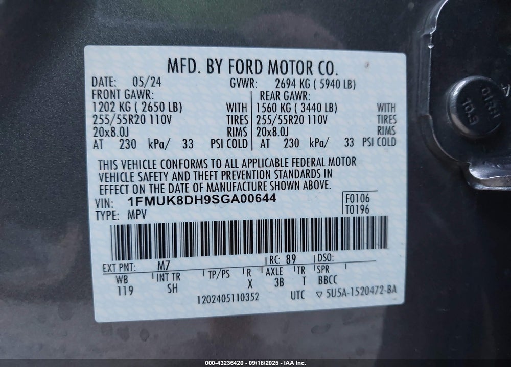 2025 FORD EXPLORER VIN: 1FMUK8DH9SGA00644