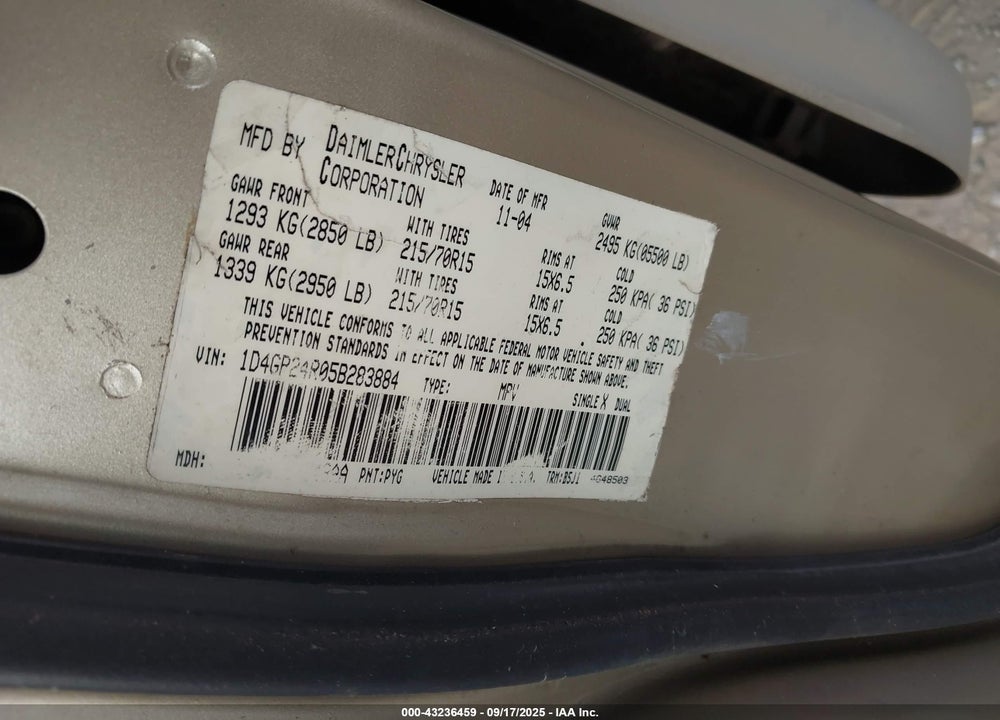 2005 DODGE GRAND CARAVAN SE VIN: 1D4GP24R05B283884
