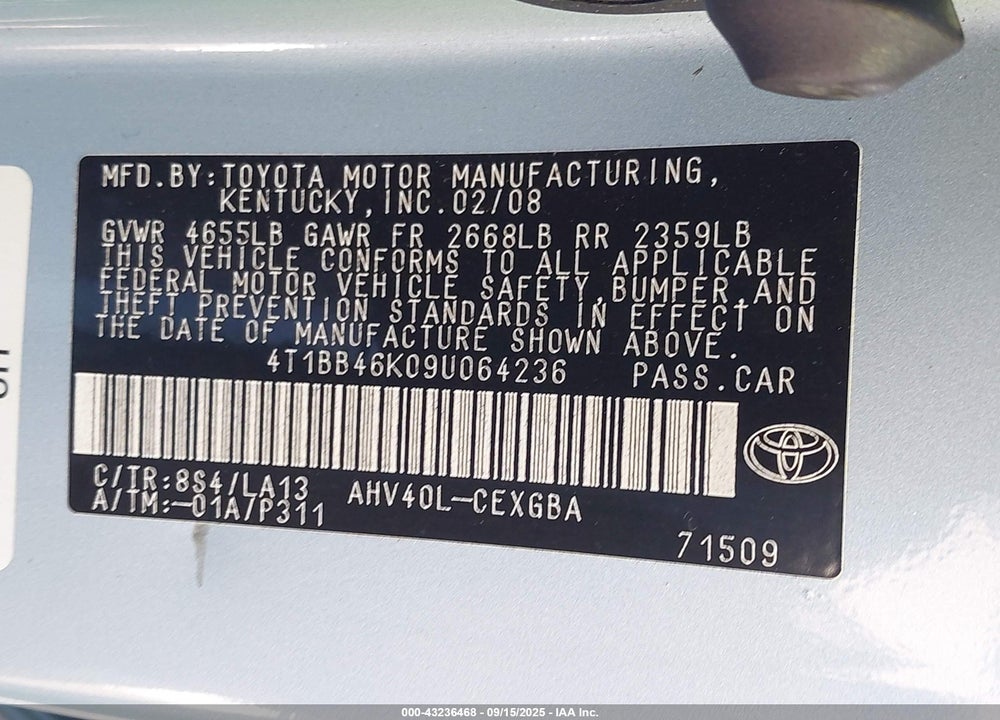 2009 TOYOTA CAMRY HYBRID VIN: 4T1BB46K09U064236