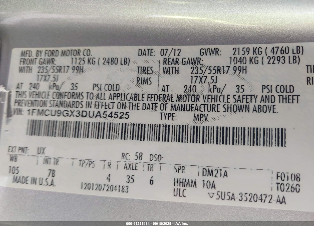 2013 FORD ESCAPE VIN: 1FMCU9GX3DUA54525