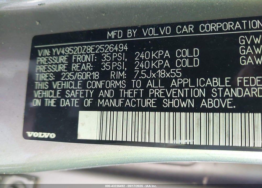 2014 VOLVO XC60 3.2 PLATINUM VIN: YV4952DZ8E2526494