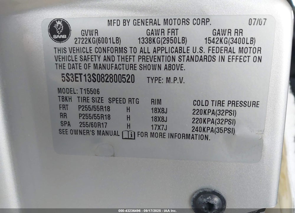 2008 SAAB 9-7X VIN: 5S3ET13S082800520