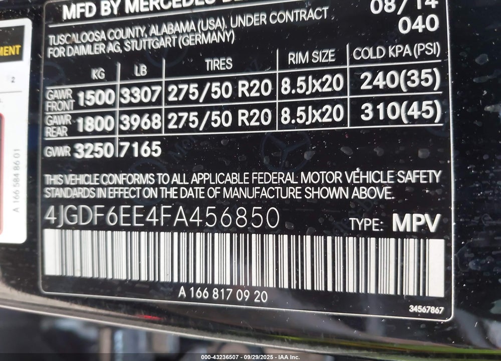 2015 MERCEDES-BENZ GL-CLASS VIN: 4JGDF6EE4FA456850
