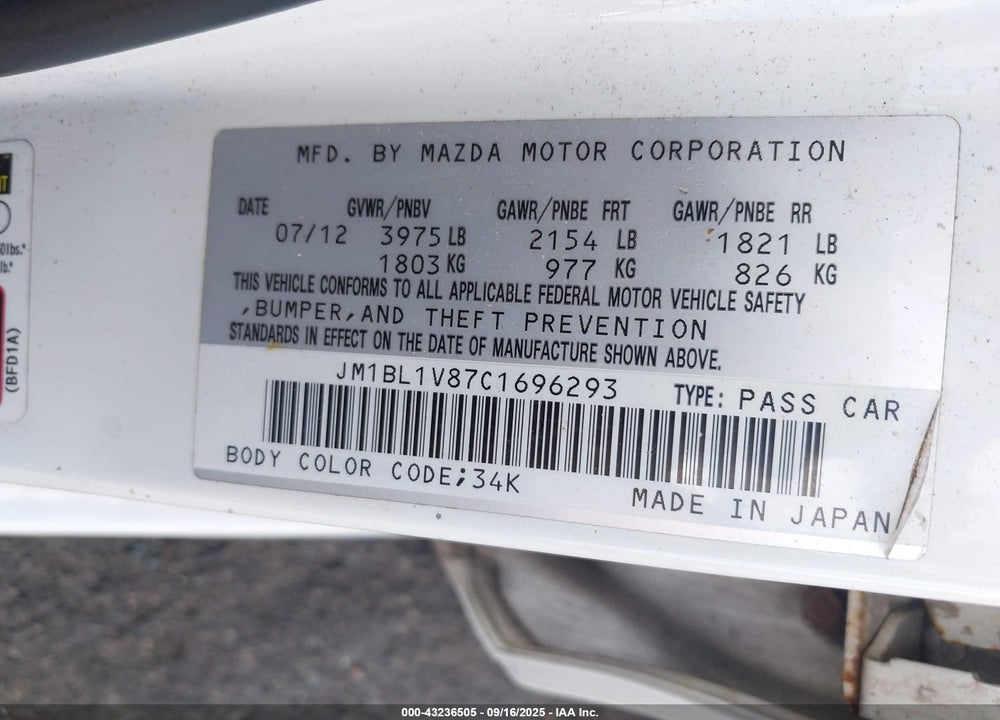 2012 MAZDA 3 VIN: JM1BL1V87C1696293