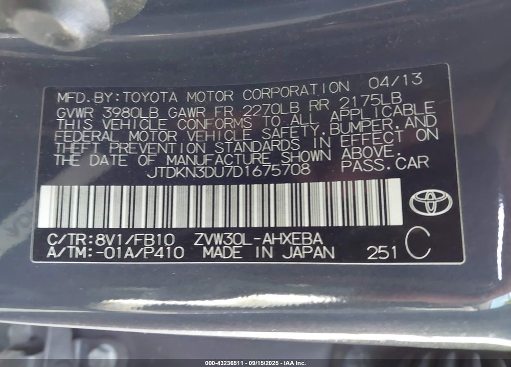 2013 TOYOTA PRIUS VIN: JTDKN3DU7D1675708