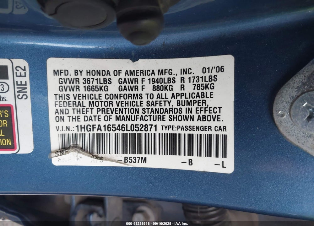 2006 HONDA CIVIC LX VIN: 1HGFA16546L052871