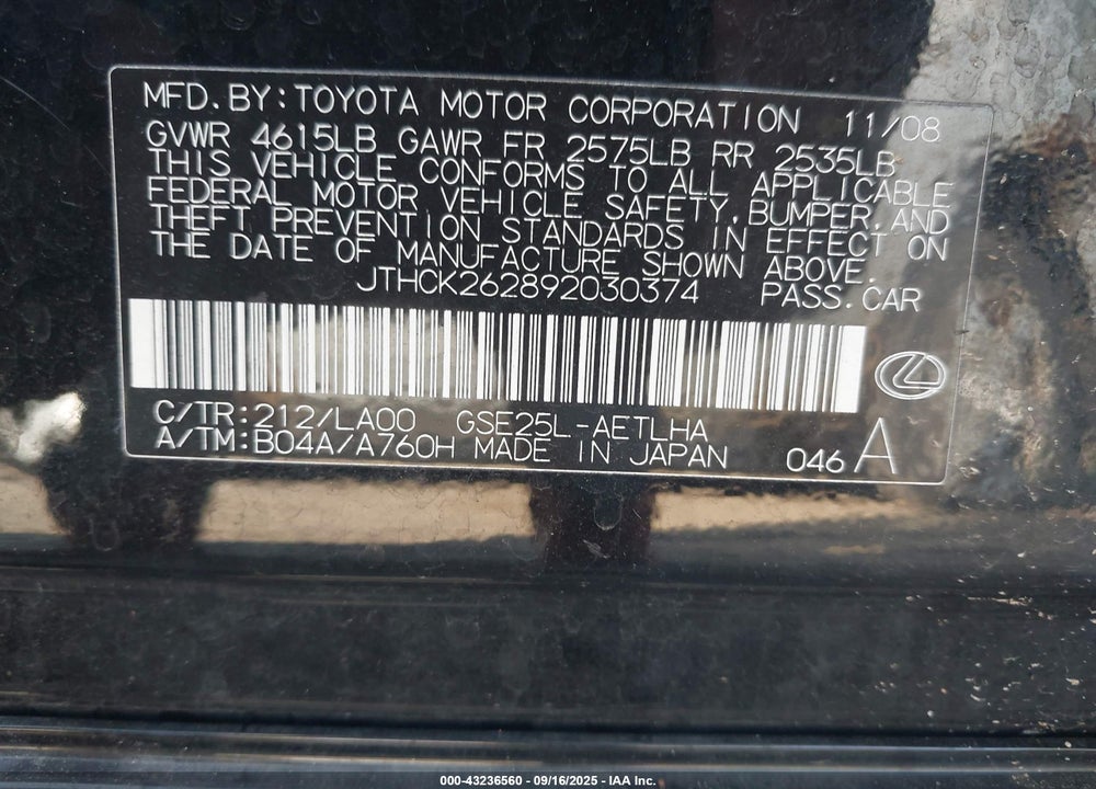 2009 LEXUS IS 250 VIN: JTHCK262892030374
