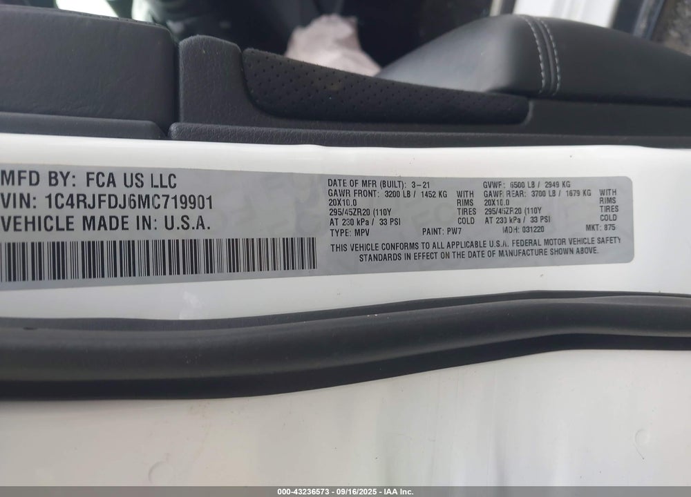 2021 JEEP GRAND CHEROKEE VIN: 1C4RJFDJ6MC719901
