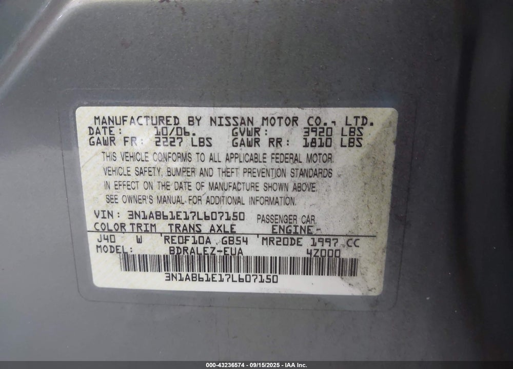 2007 NISSAN SENTRA 2.0S VIN: 3N1AB61E17L607150