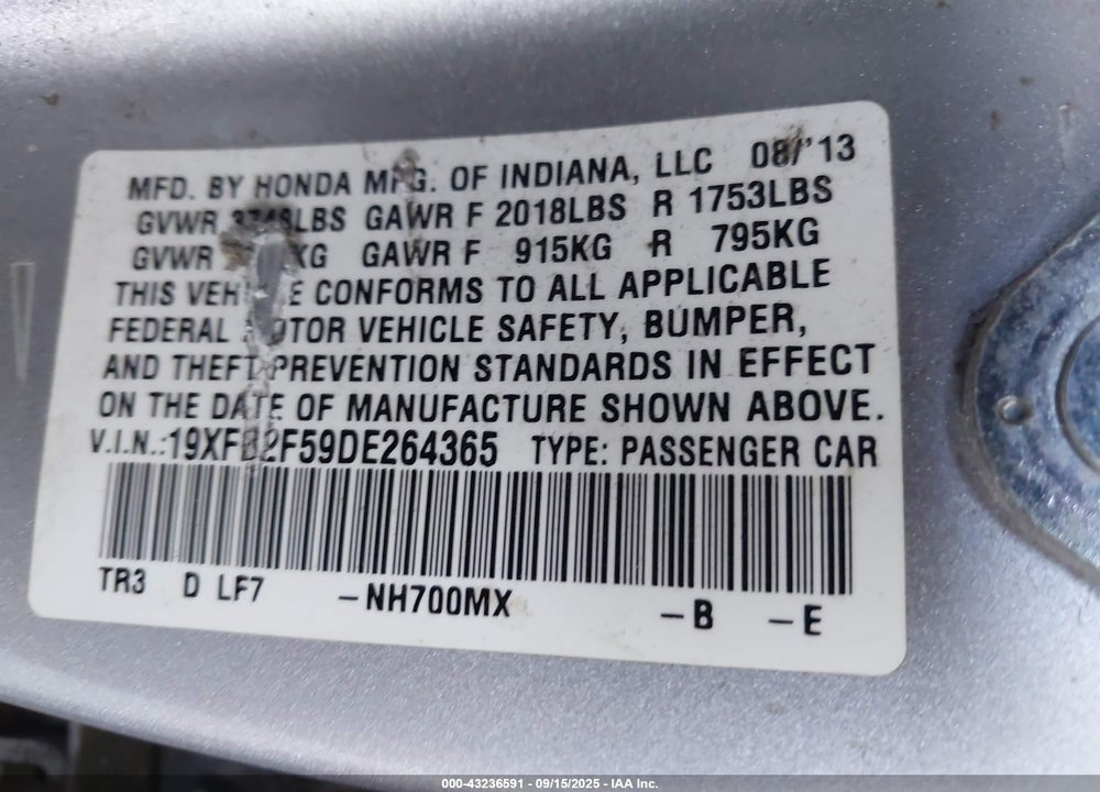 2013 HONDA CIVIC VIN: 19XFB2F59DE264365
