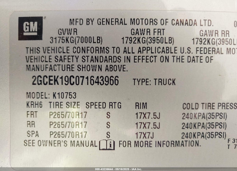 2007 CHEVROLET SILVERADO 1500 WORK TRUCK VIN: 2GCEK19C071643966