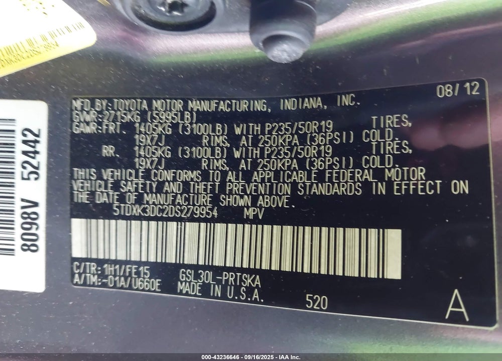2013 TOYOTA SIENNA VIN: 5TDXK3DC2DS279954