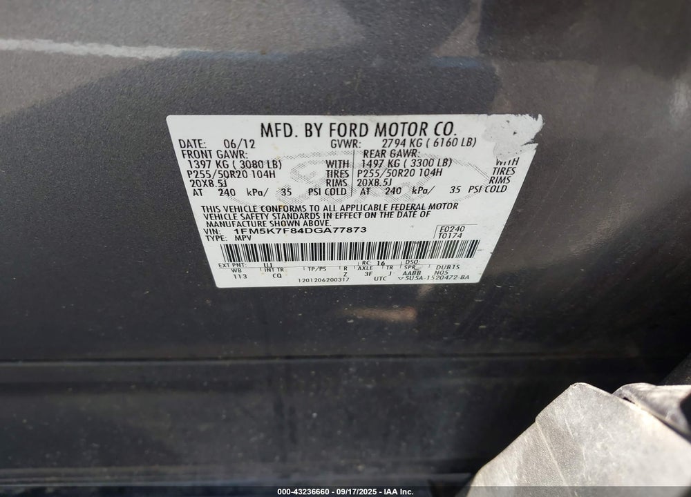 2013 FORD EXPLORER VIN: 1FM5K7F84DGA77873