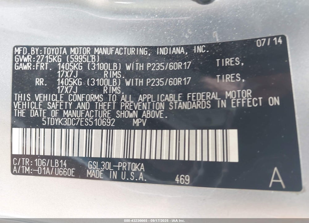 2014 TOYOTA SIENNA VIN: 5TDYK3DC7ES510692