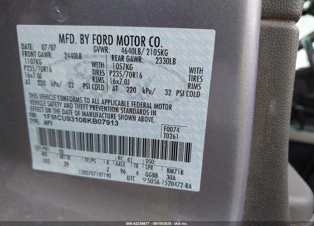 2008 FORD ESCAPE VIN: 1FMCU93108KB07913