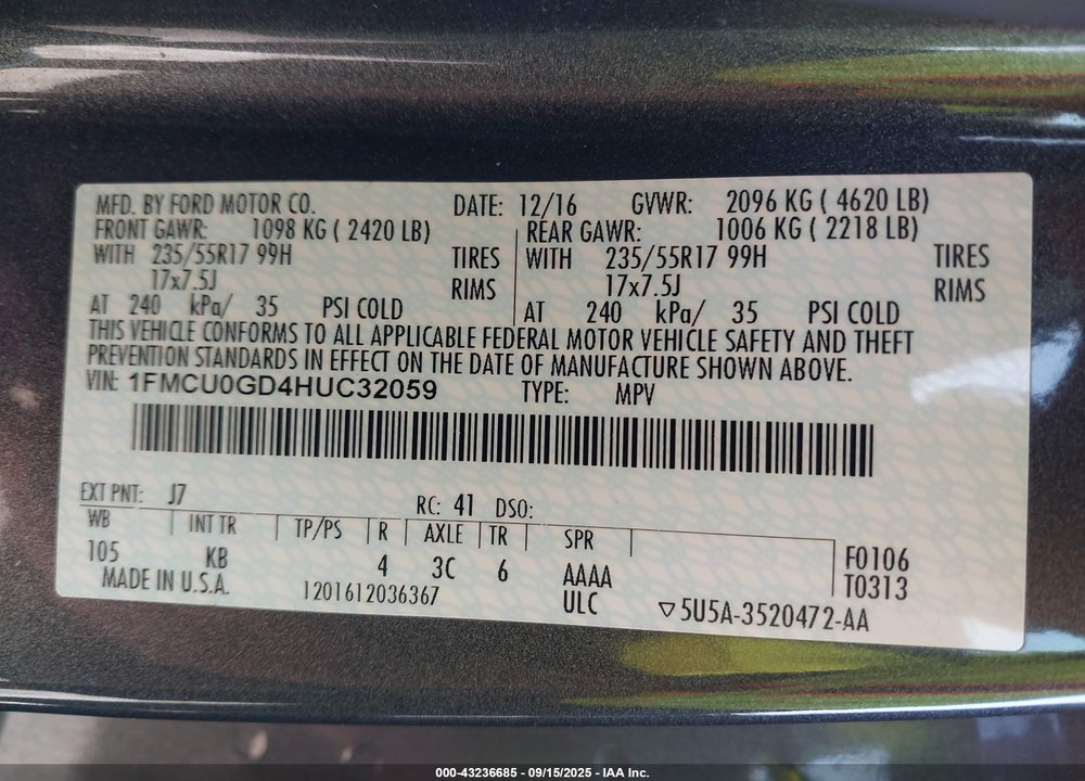 2017 FORD ESCAPE SE VIN: 1FMCU0GD4HUC32059