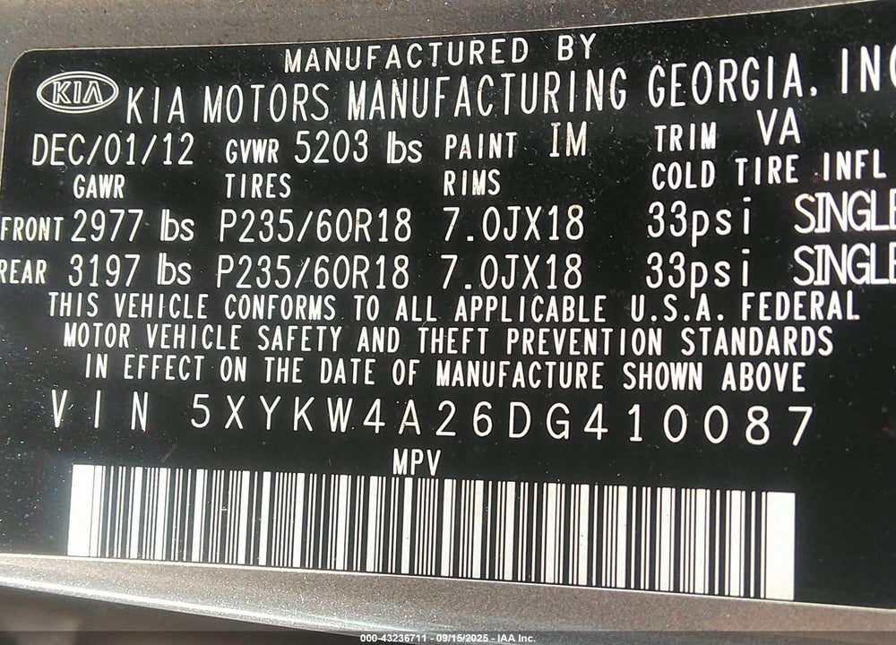 2013 KIA SORENTO VIN: 5XYKW4A26DG410087