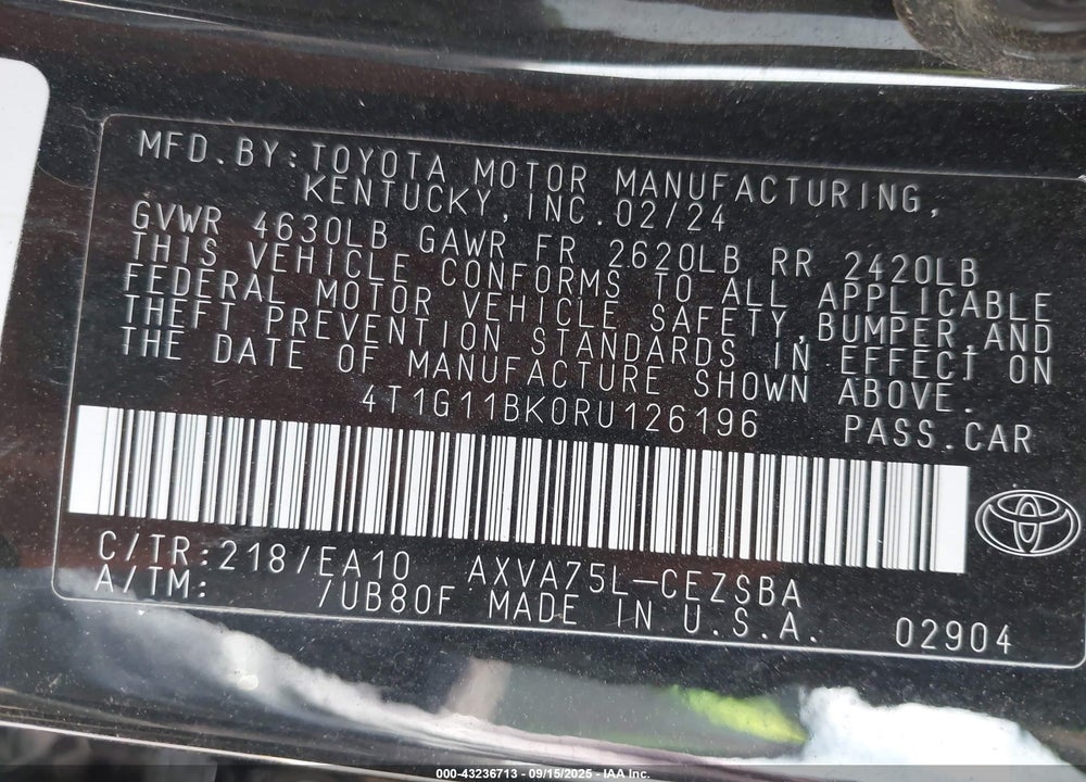 2024 TOYOTA CAMRY VIN: 4T1G11BK0RU126196