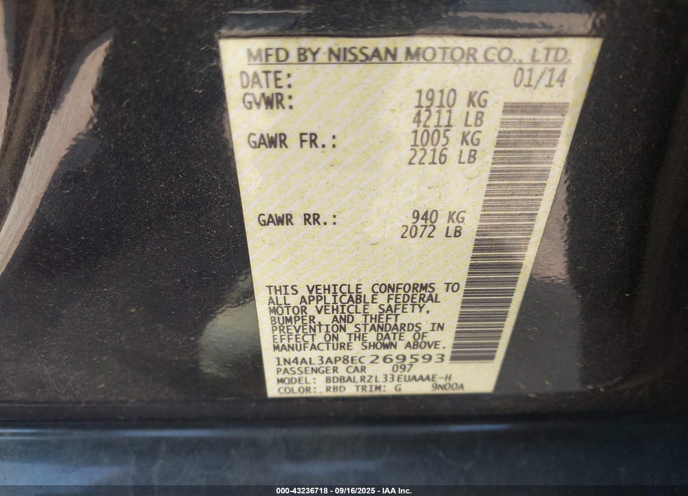 2014 NISSAN ALTIMA VIN: 1N4AL3AP8EC269593