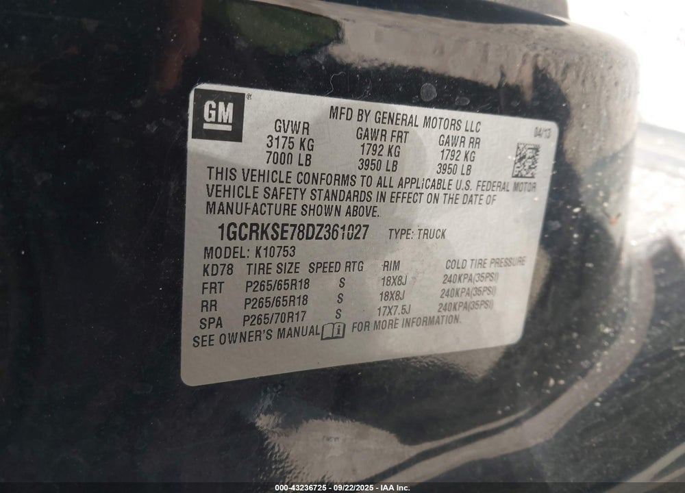 2013 CHEVROLET SILVERADO 1500 LT VIN: 1GCRKSE78DZ361027