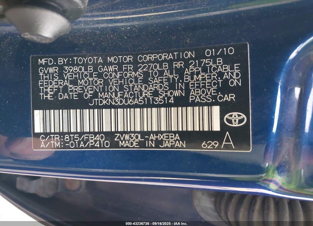 2010 TOYOTA PRIUS VIN: JTDKN3DU6A5113514