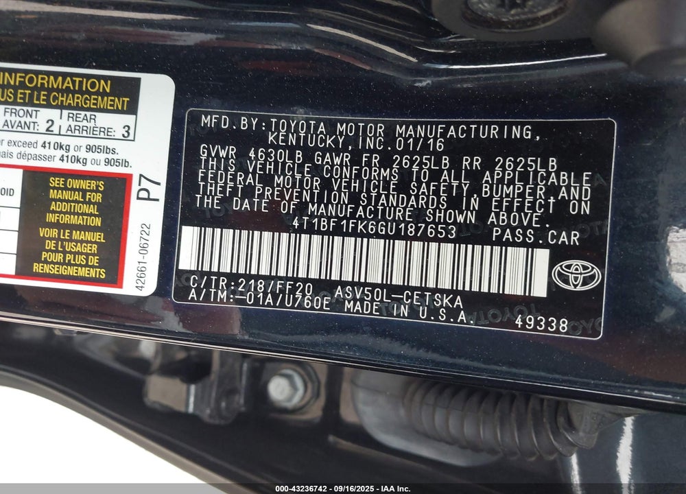 2016 TOYOTA CAMRY SE VIN: 4T1BF1FK6GU187653