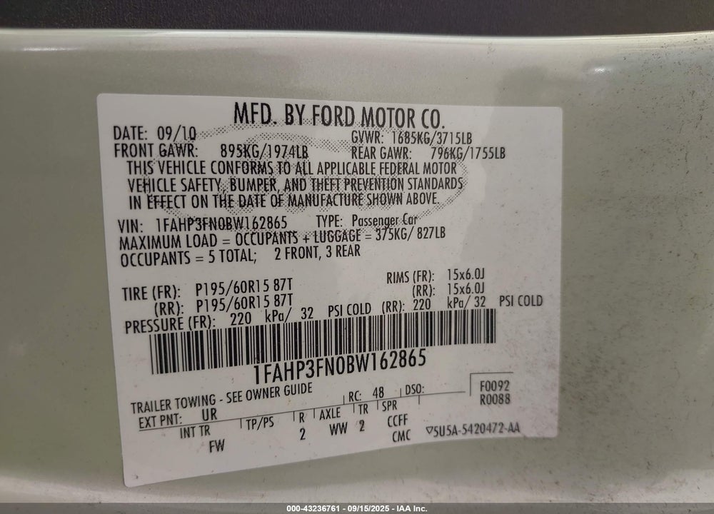 2011 FORD FOCUS VIN: 1FAHP3FN0BW162865