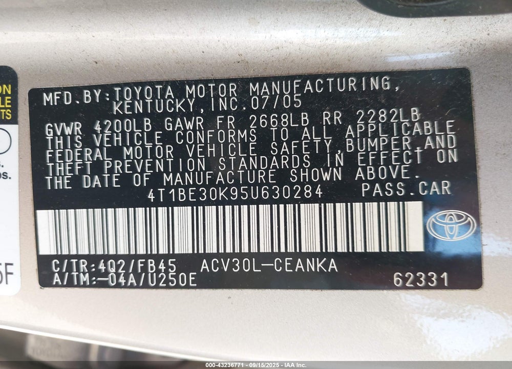 2005 TOYOTA CAMRY LE VIN: 4T1BE30K95U630284
