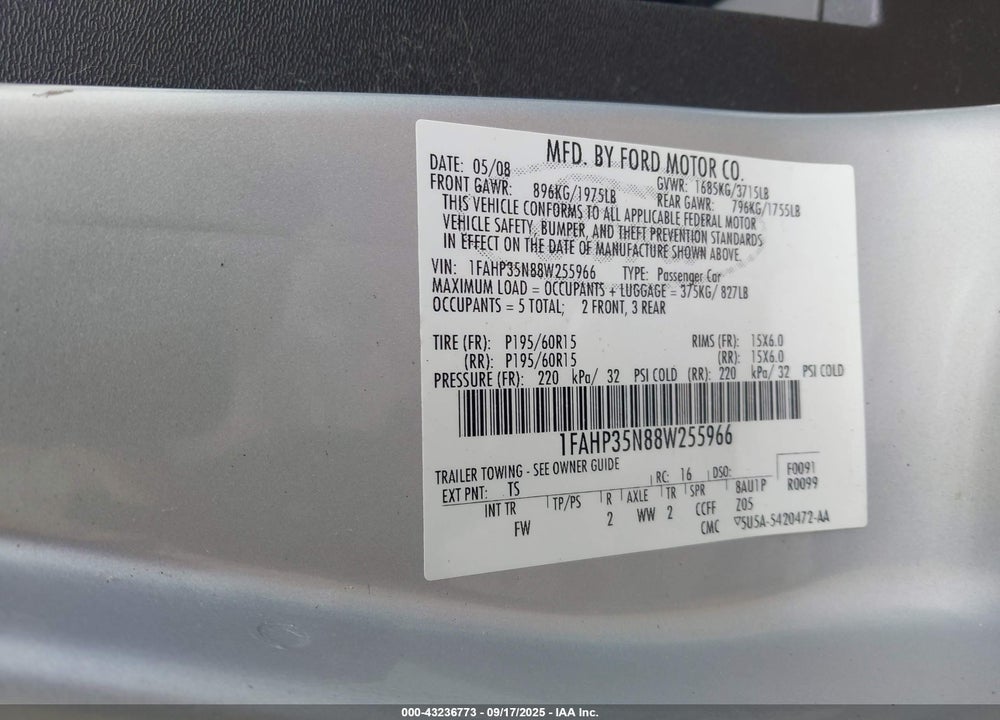 2008 FORD FOCUS SE/SES VIN: 1FAHP35N88W255966