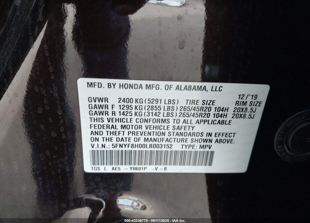 2020 HONDA PASSPORT AWD ELITE VIN: 5FNYF8H00LB003152