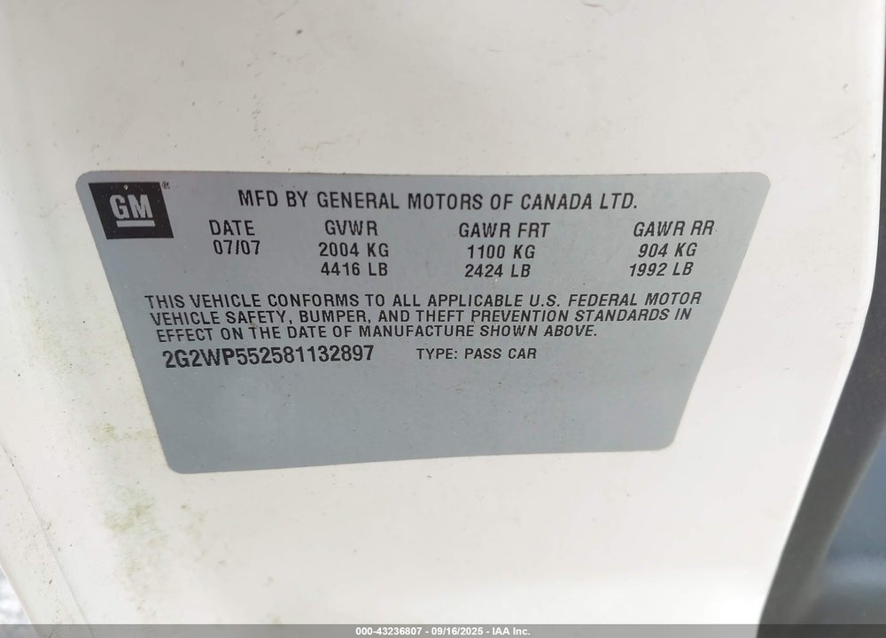 2008 PONTIAC GRAND PRIX VIN: 2G2WP552581132897
