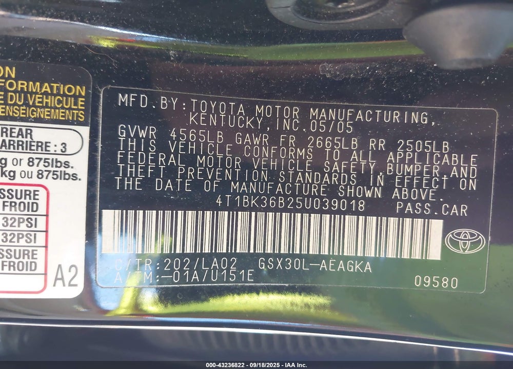 2005 TOYOTA AVALON XLS VIN: 4T1BK36B25U039018