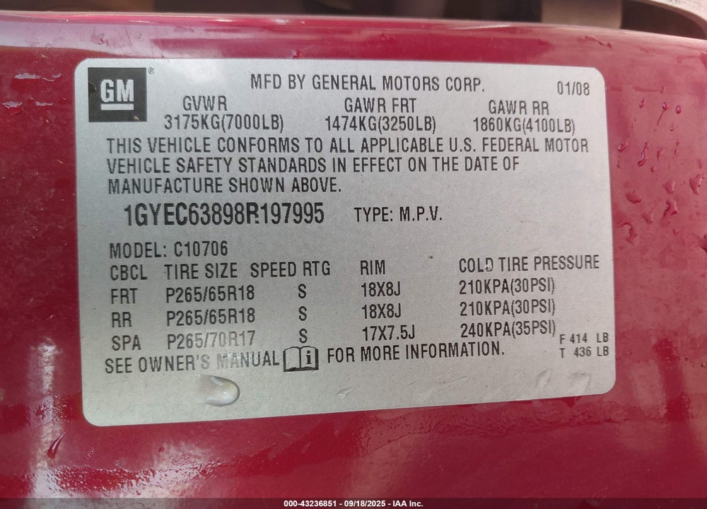 2008 CADILLAC ESCALADE STANDARD VIN: 1GYEC63898R197995