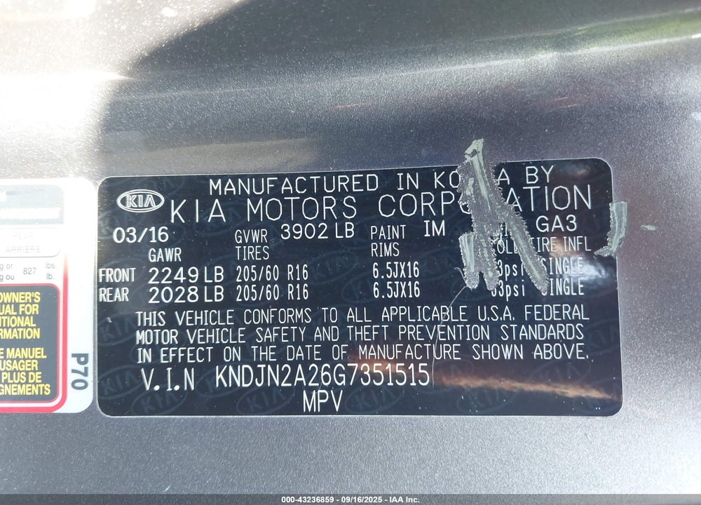 2016 KIA SOUL VIN: KNDJN2A26G7351515