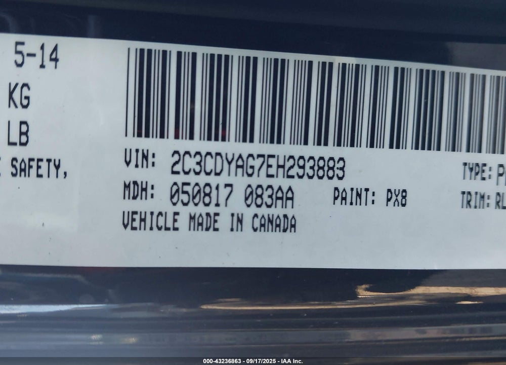 2014 DODGE CHALLENGER VIN: 2C3CDYAG7EH293883