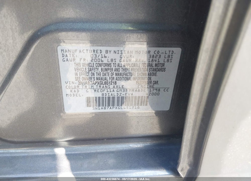 2016 NISSAN SENTRA SV VIN: 3N1AB7APXGL651218