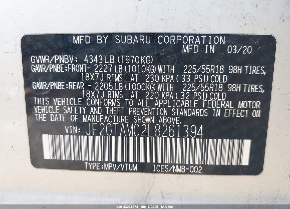 2020 SUBARU CROSSTREK LIMITED VIN: JF2GTAMC2L8261394