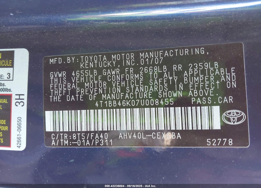 2007 TOYOTA CAMRY HYBRID VIN: 4T1BB46K07U008455