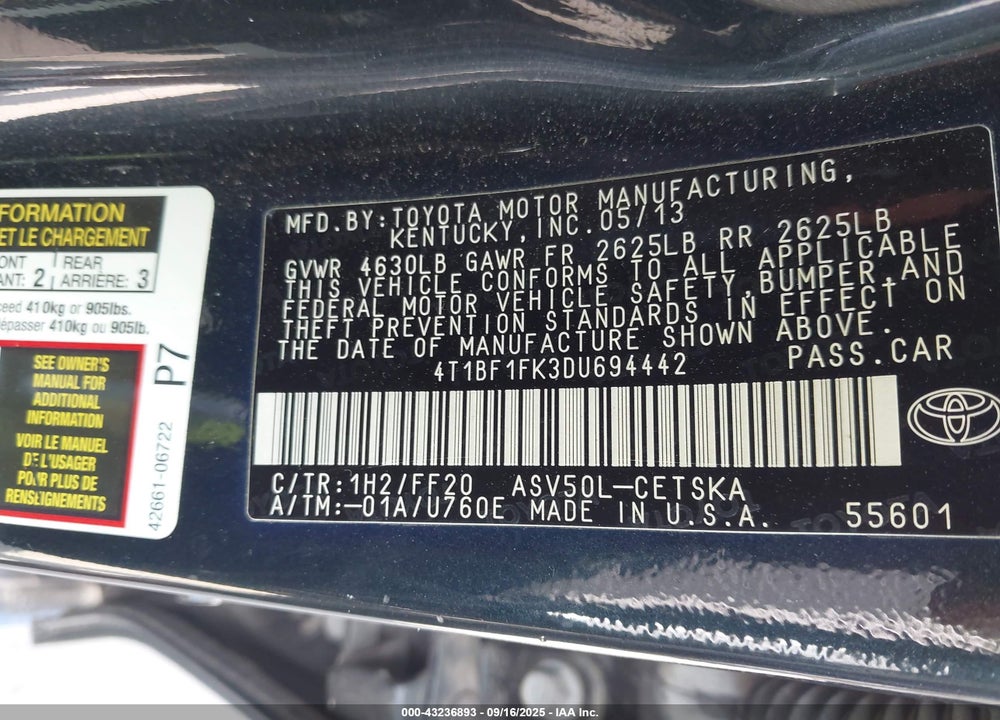 2013 TOYOTA CAMRY SE VIN: 4T1BF1FK3DU694442