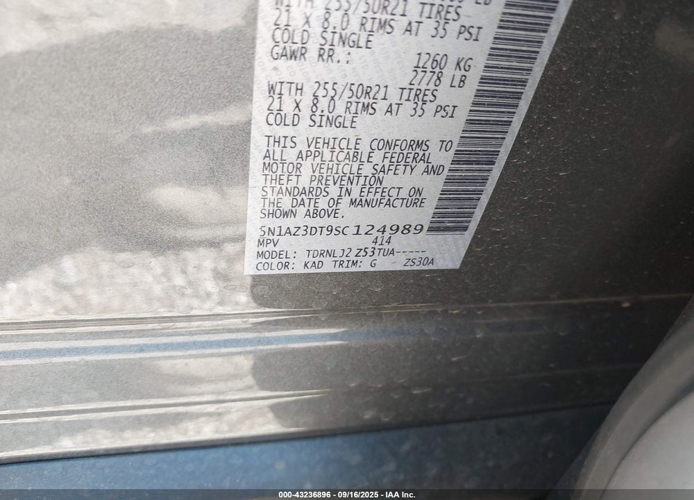 2025 NISSAN MURANO VIN: 5N1AZ3DT9SC124989