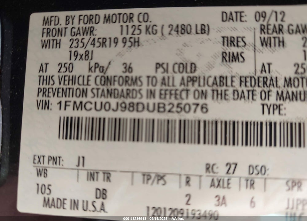2013 FORD ESCAPE TITANIUM VIN: 1FMCU0J98DUB25076