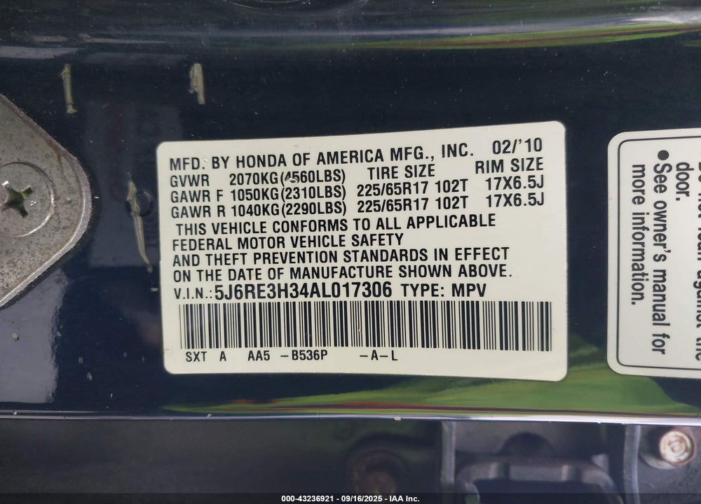 2010 HONDA CR-V LX VIN: 5J6RE3H34AL017306